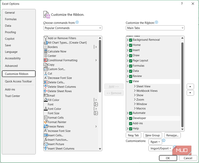 سفارشی کردن روبان در اکسل