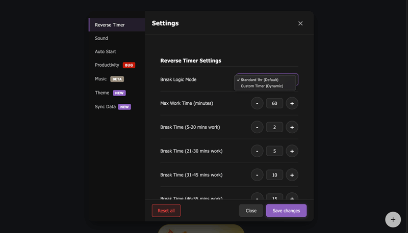 تنظیمات تایمر معکوس Customodoro نمایش ضامن تایمر سفارشی