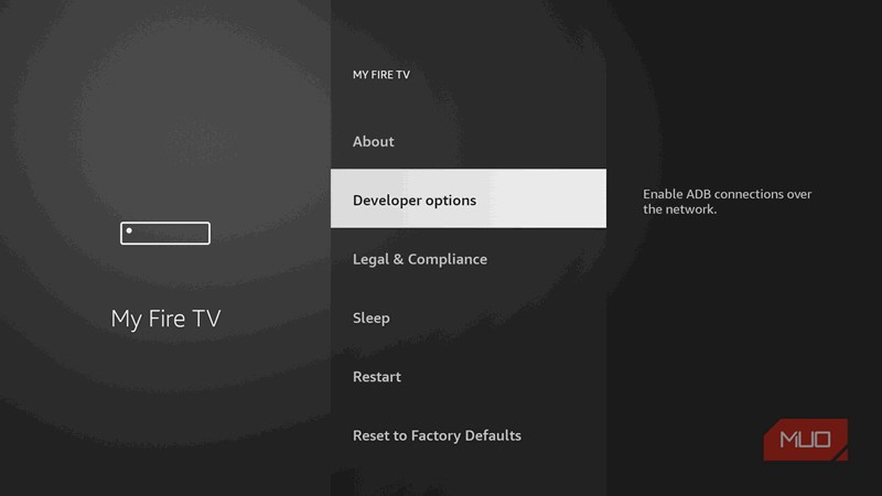 منوی گزینه های توسعه دهنده در تلویزیون آتش.