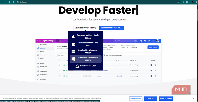 سیستم را انتخاب کنید و نصب کننده Docker مناسب را بارگیری کنید