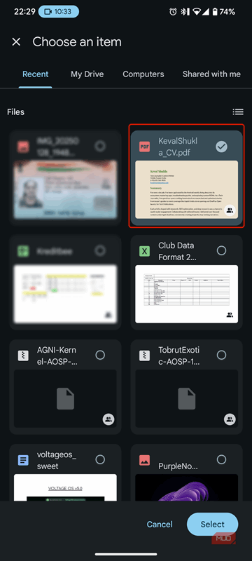 سند انتخاب شده در محتوای درایو.