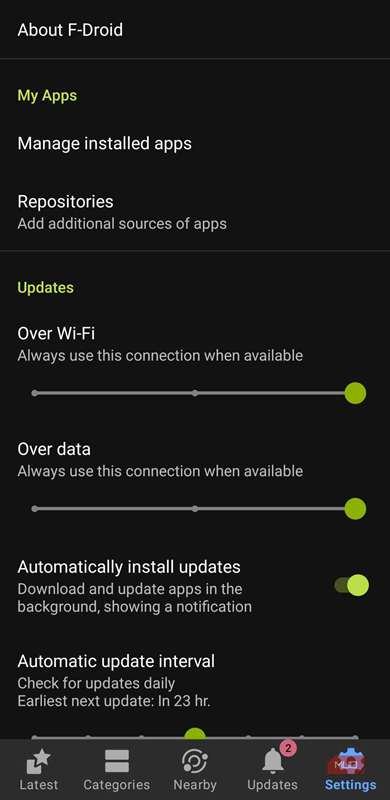 صفحه تنظیمات برنامه F-Droid در تلفن Android