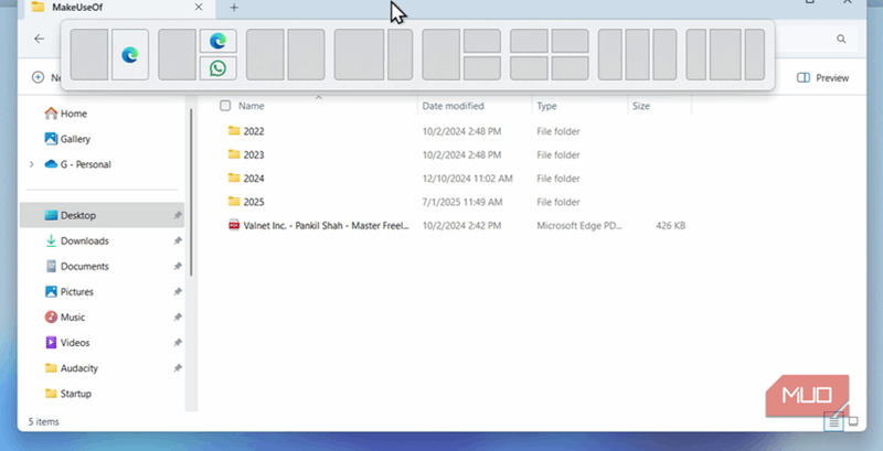 File Explorer Window که گزینه های طرح بندی SNAP را نشان می دهد