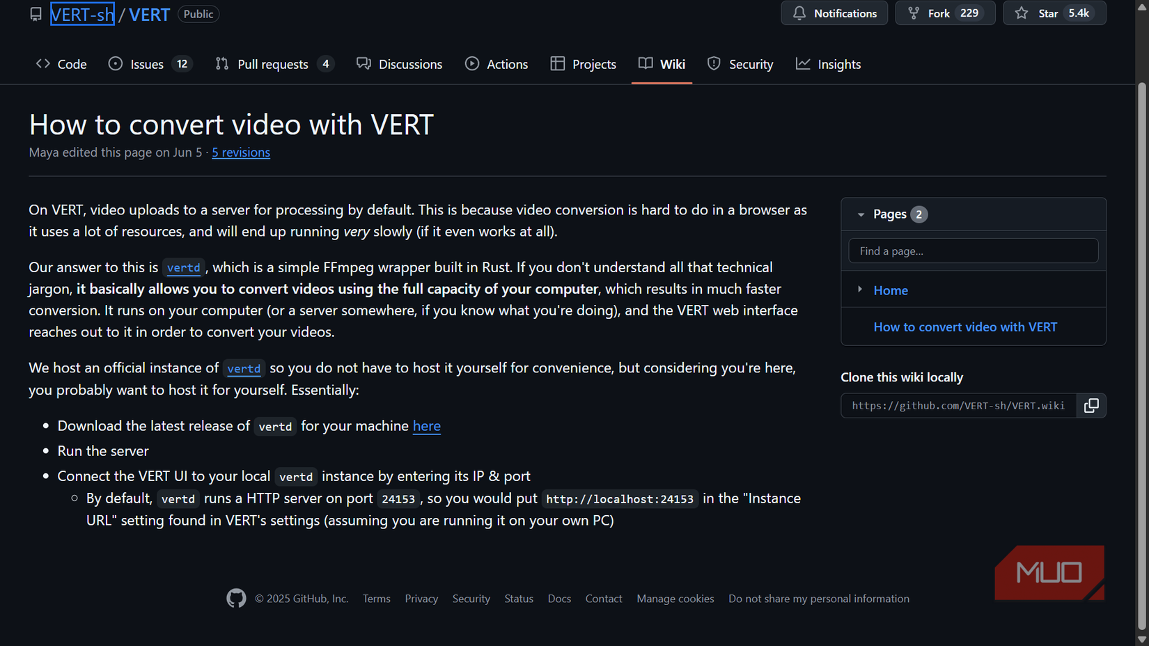 صفحه ویکی GitHub که دستورالعمل استفاده از Vertd را برای تبدیل ویدیویی نشان می دهد.