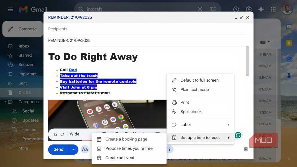 پیش نویس Gmail با لیست "برای انجام بلافاصله" و گزینه های منو باز است.