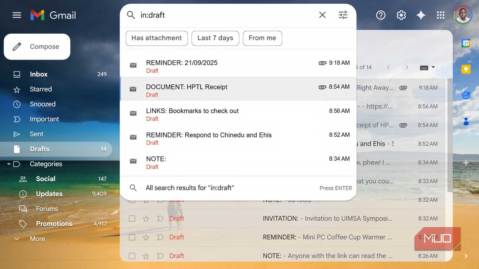 پیش نویس Gmail نتایج جستجو.