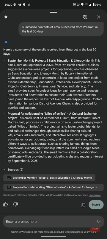 جمینی خلاصه یک ایمیل خاص در برنامه Gmail دریافت شده با اصطلاح "Rotaract".