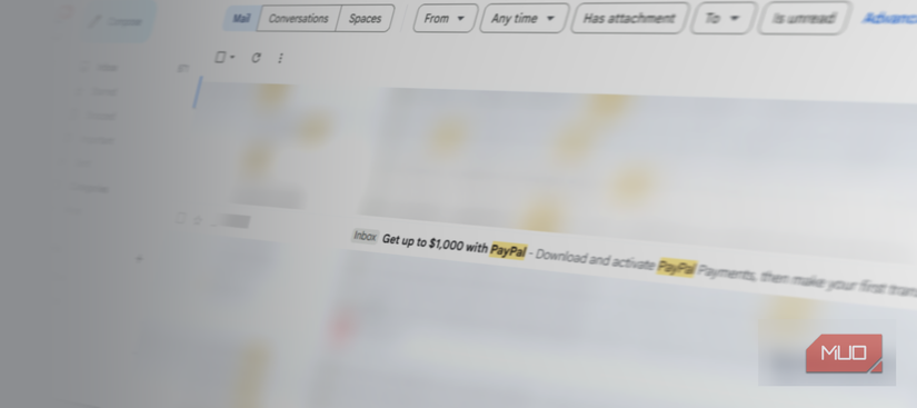 صندوق ورودی Gmail که ایمیل پی پال را نشان می دهد