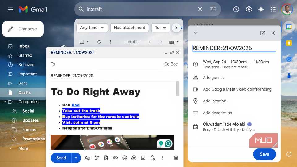 پیش نویس یادآوری Gmail با یک رویداد تقویم که در کنار آن باز شده است.