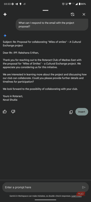 Gemini پیشنهاد پخش مجدد به یک ایمیل در برنامه Gmail دریافت شده با اصطلاح "Rotaract".