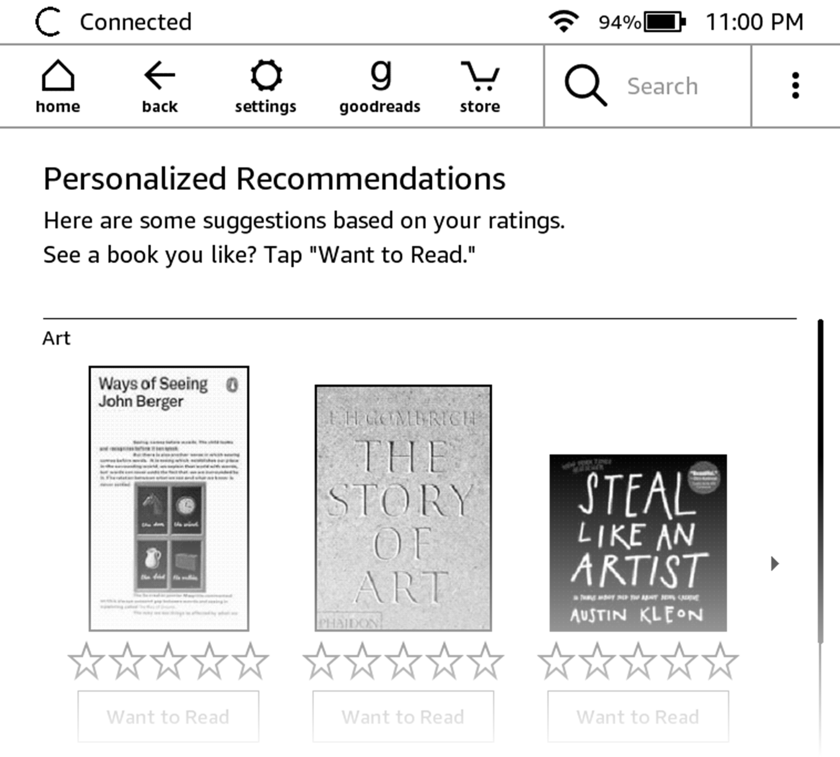 توصیه های GoodReads در یک Paperwhite Kindle