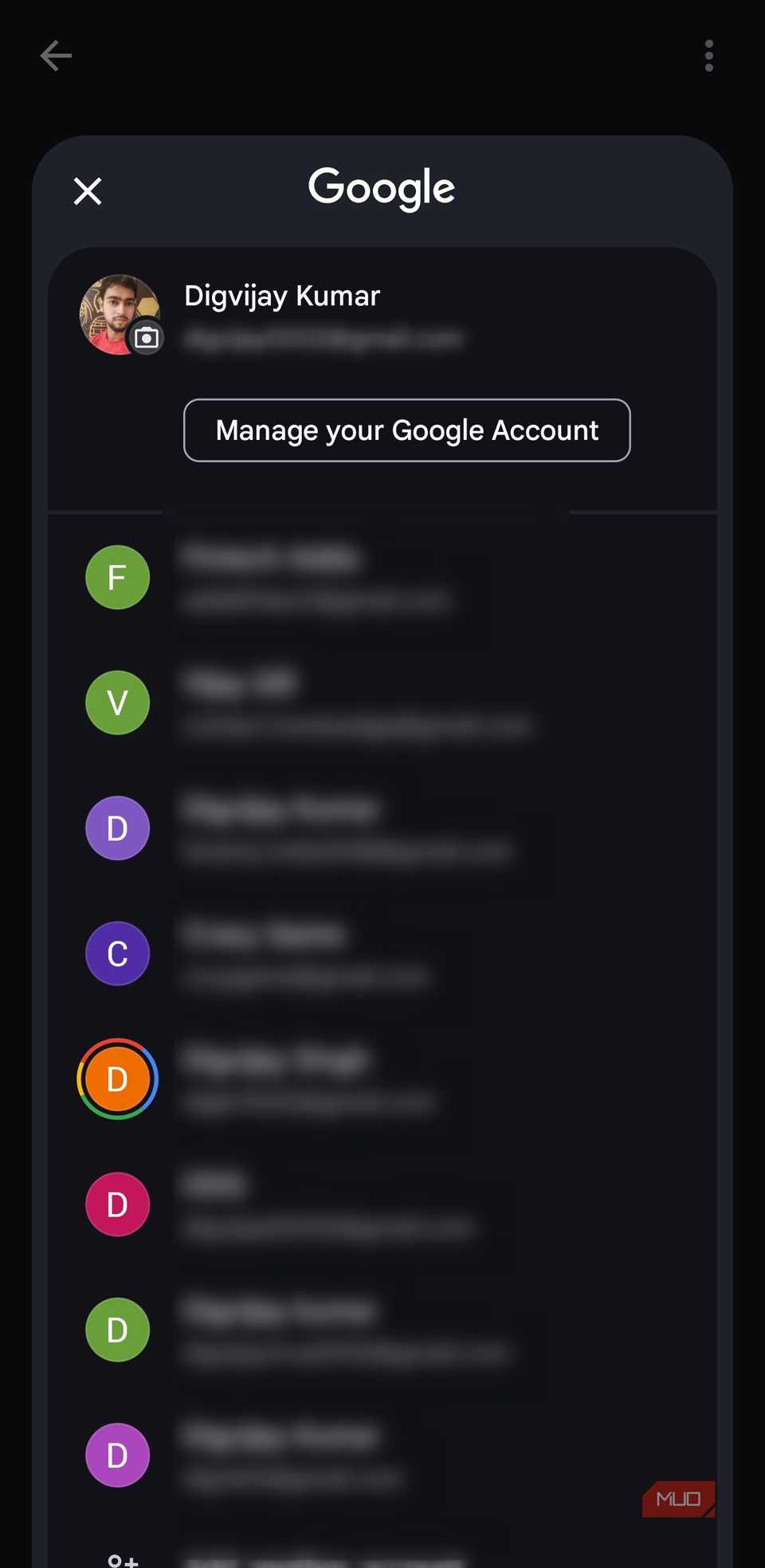 لیست حساب Google با مدیریت دکمه حساب Google خود