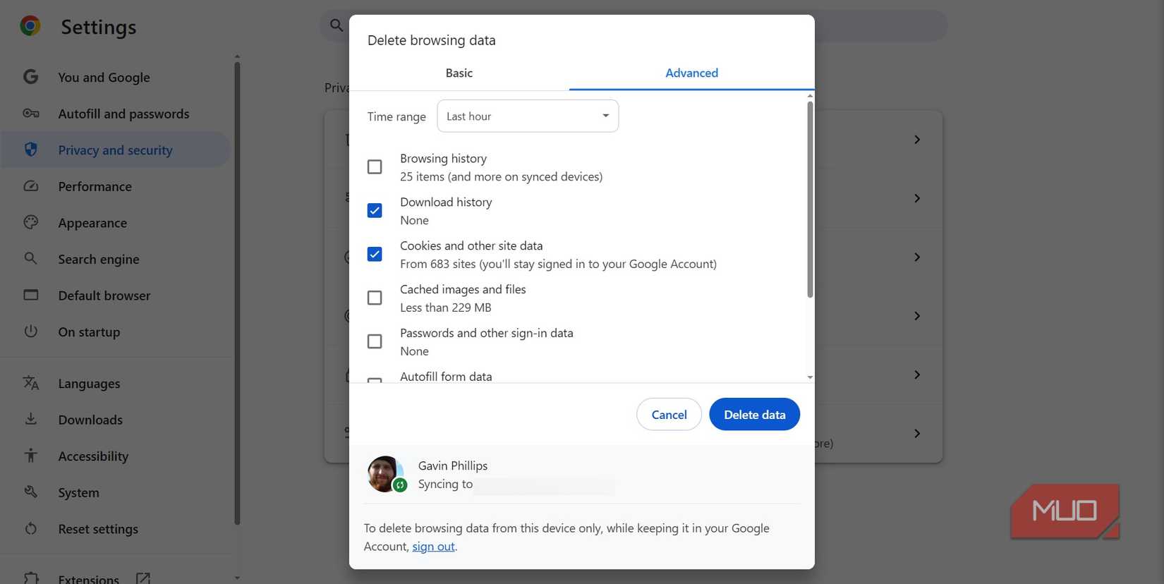 Google Chrome کوکی های مرورگر و سایر داده ها را حذف کنید.