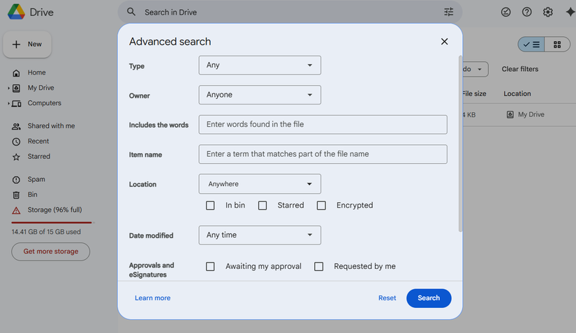 منوی جستجوی پیشرفته Google Drive