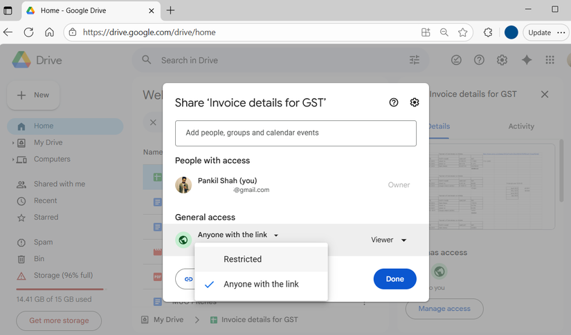 تنظیمات اشتراک فایل Drive Google