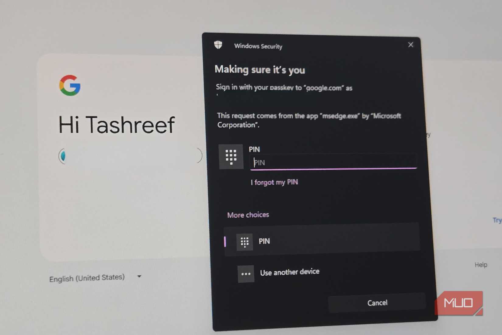 Google PassKey علامت نشان دادن گفتگوی Windows Hello