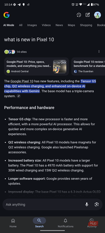 جستجوی Google Search AI نتایج جستجو برای جستجوی Google Pixel 10.