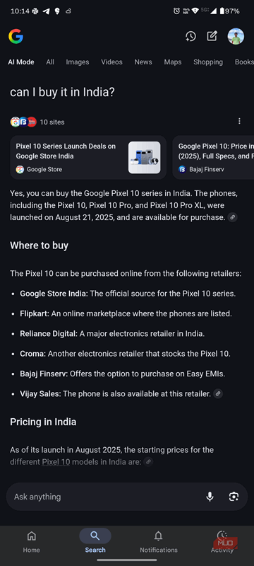 ادامه مکالمه در حالت AI Google Search برای جستجوی پیکسل 10.