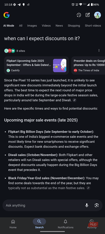 ادامه مکالمه در مورد حالت هوش مصنوعی Google Search برای قیمت گذاری پیکسل 10 و در دسترس بودن در هند بدون زمینه بیشتر.