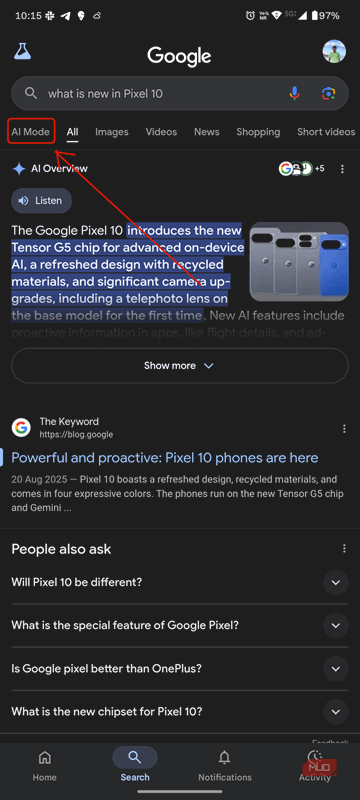 صفحه نتایج جستجوی منظم Google با Google Pixel 10 نتایج جستجو با یک جعبه قرمز که حالت AI را برجسته می کند.