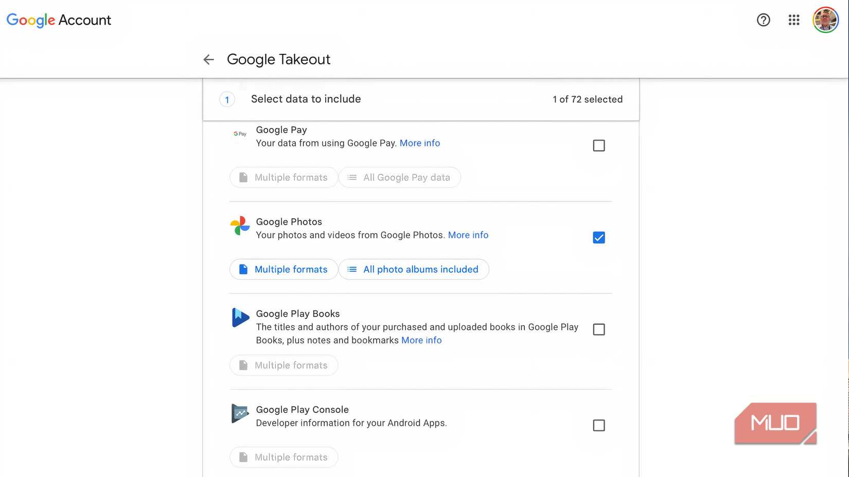 نمونه ای از Google Takeout در یک مرورگر در Mac نشان داده شده است.