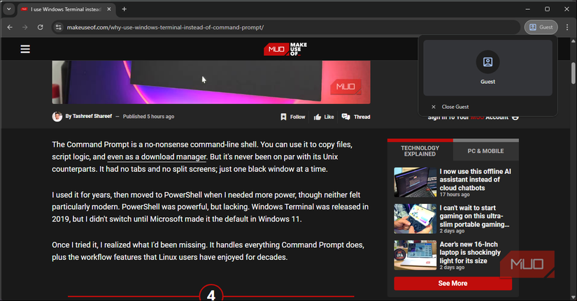 مشخصات مهمان در Google Chrome باز است