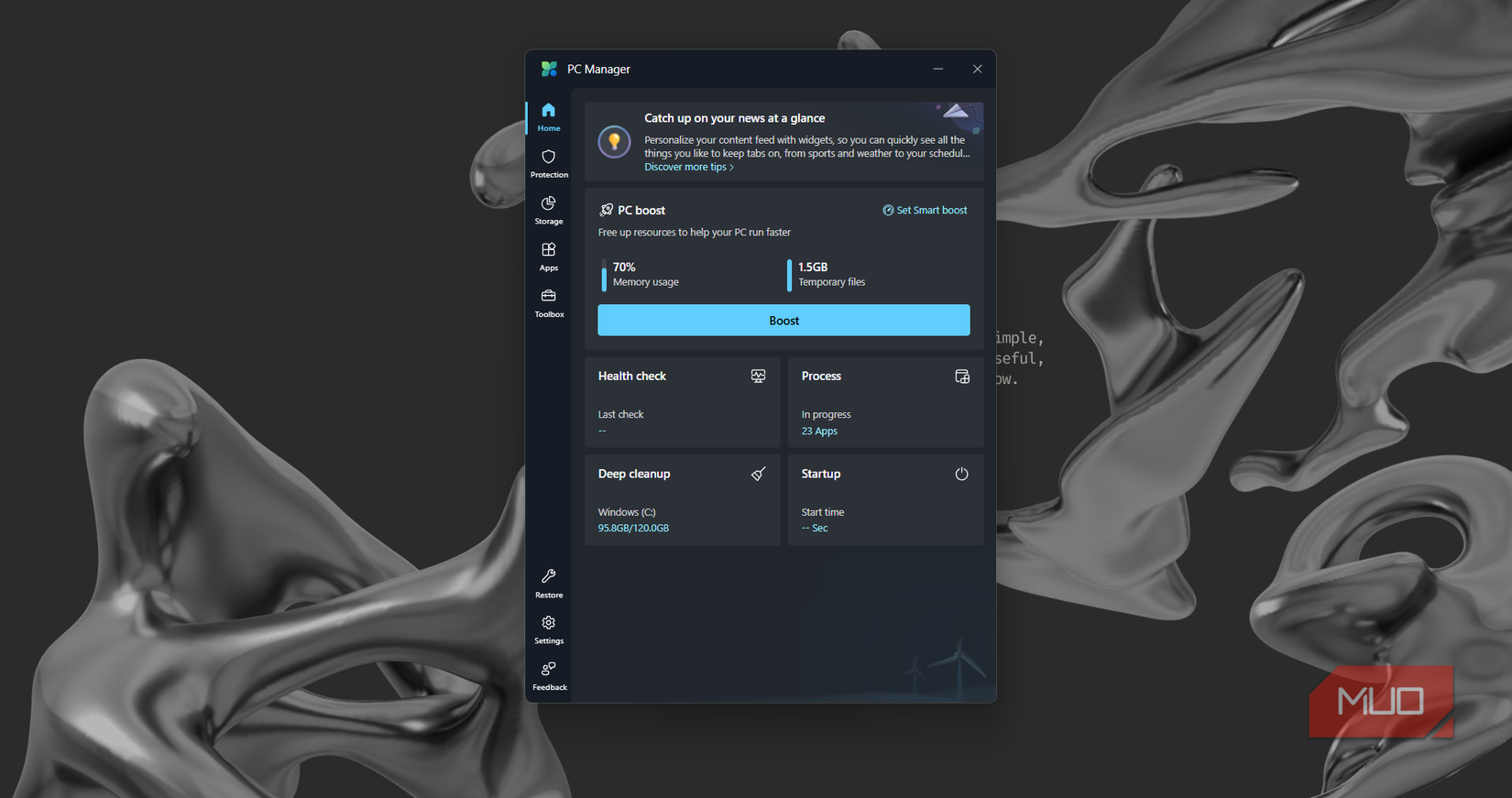 برگه صفحه اصلی در برنامه Microsoft PC Manager.