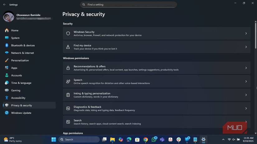صفحه حریم خصوصی و امنیت در تنظیمات ویندوز 11