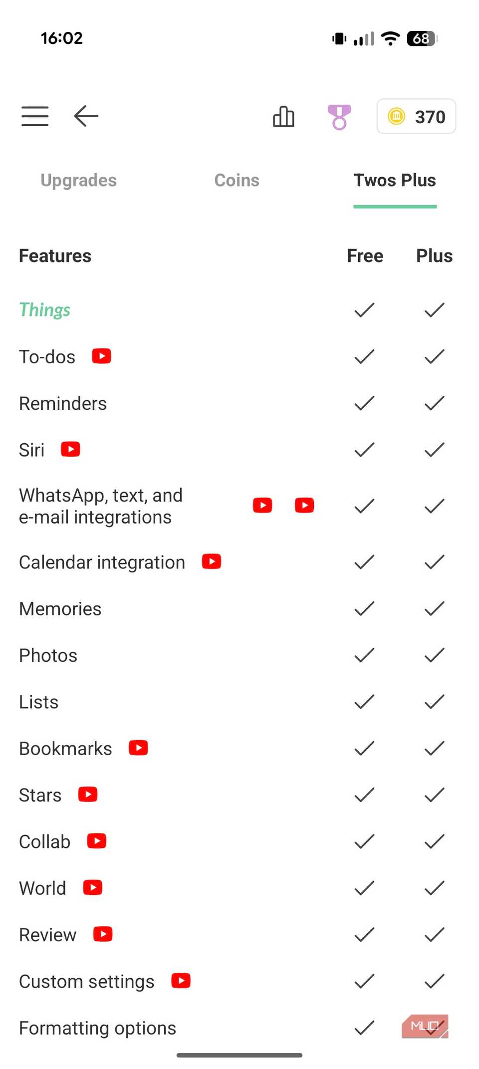 مقایسه ویژگی های برنامه های Twos Free و Plus.