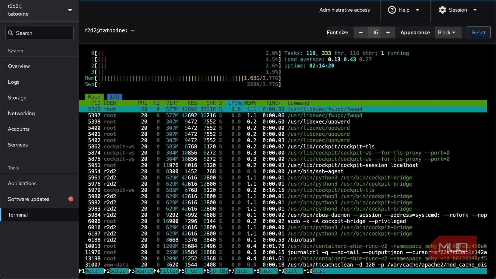 خروجی فرمان HTOP در برنامه ترمینال در سرور اوبونتو.