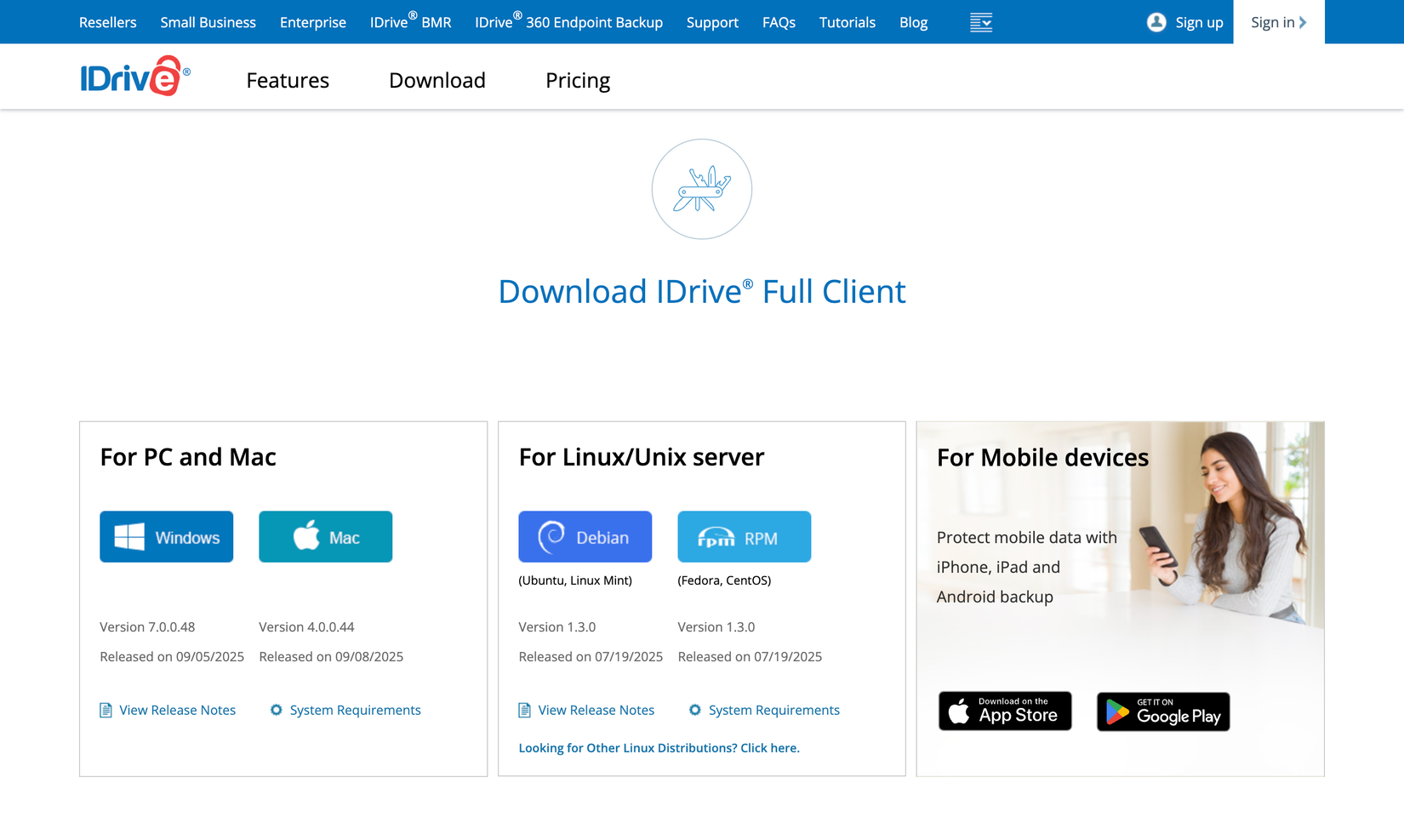 صفحه بارگیری Idrive با برنامه های رایانه شخصی ، Mac ، UNIX و موبایل