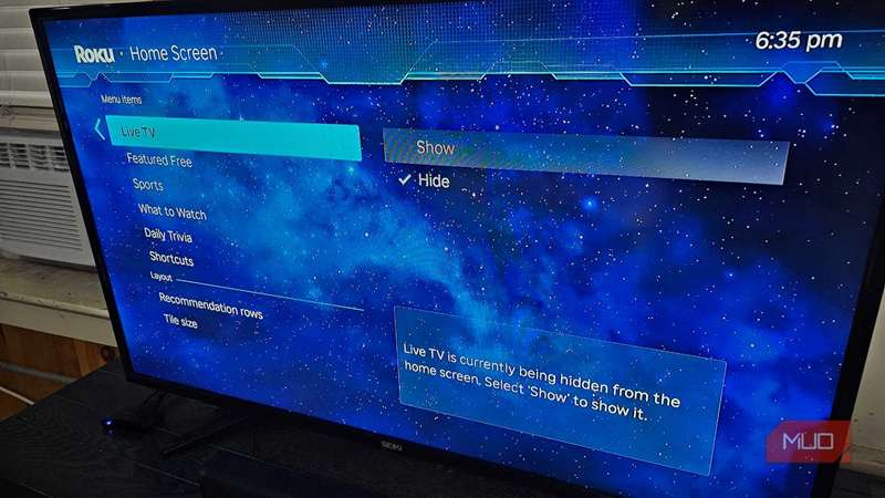 در تنظیمات Roku که ویژگی تلویزیون زنده را از صفحه اصلی غیرفعال می کند.