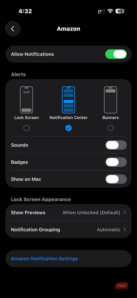 تنظیمات اعلان برنامه iOS 26 آمازون