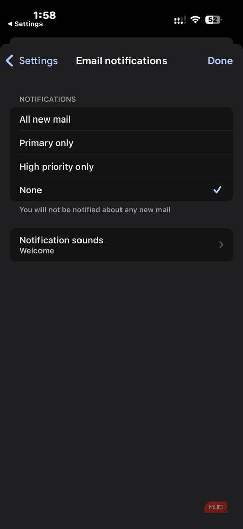 iOS 26 تنظیمات اعلان Gmail با اعلان های غیرفعال