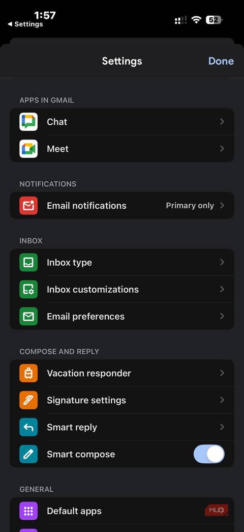 صفحه تنظیمات iOS 26 Gmail