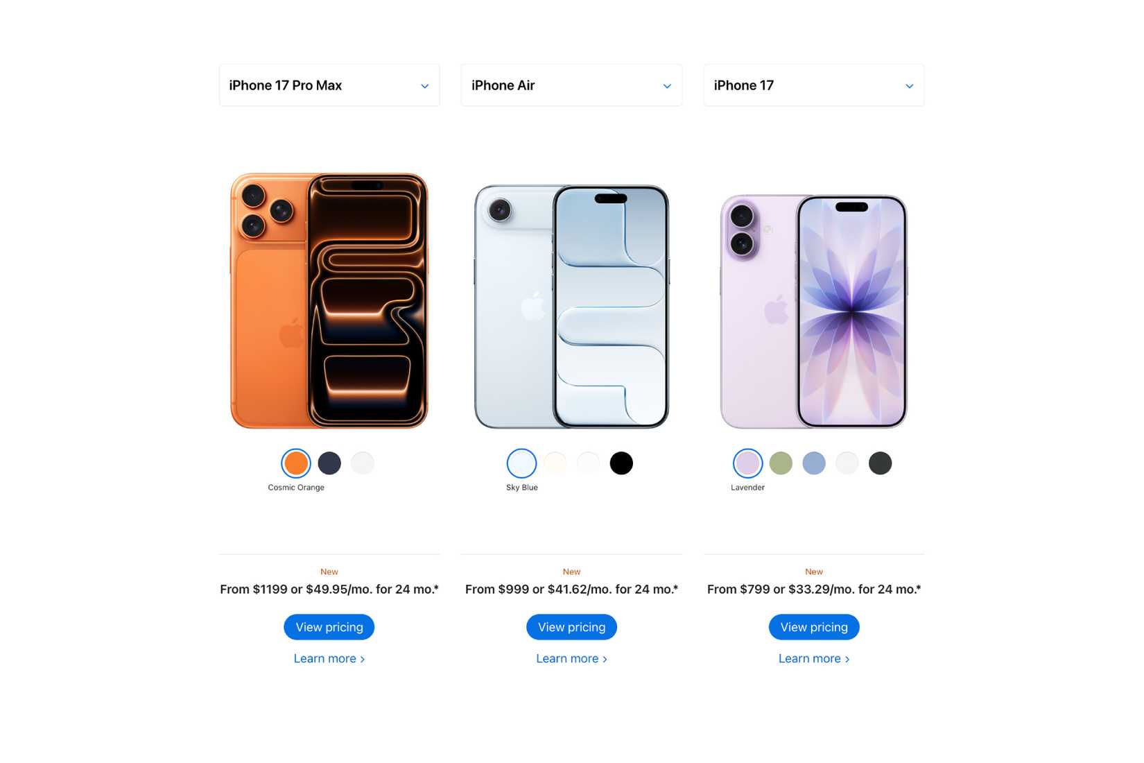 صفحه مقایسه آیفون 17 Pro Max ، iPhone Air و آیفون 17 در وب سایت اپل