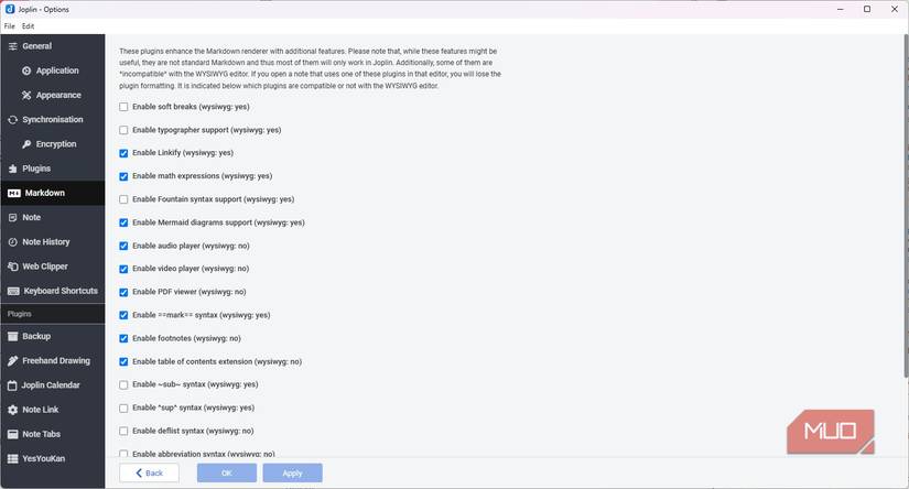 تنظیمات Markdown Joplin