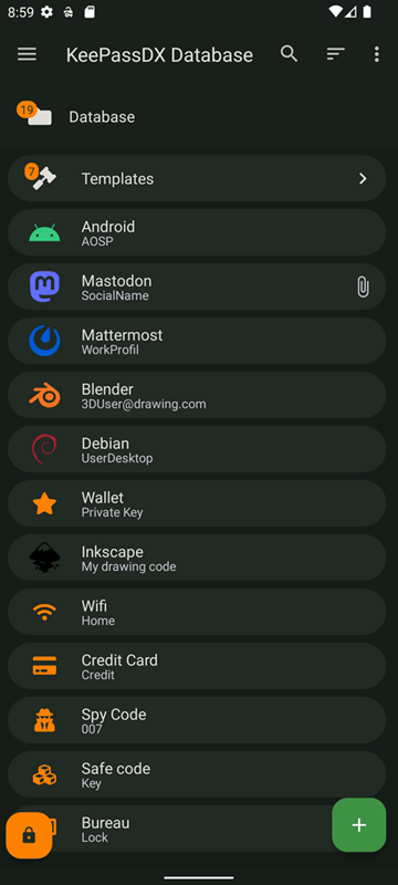 منوی پایگاه داده برنامه KeepAssdx در تلفن Android