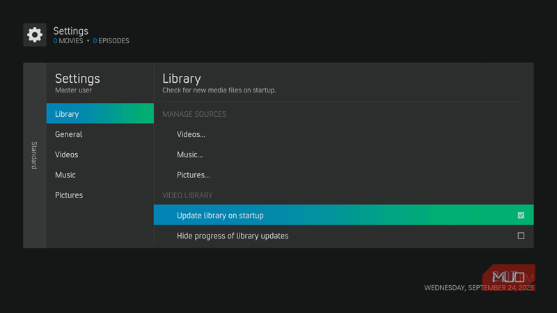 کتابخانه Kodi را در هنگام راه اندازی به روز کنید.