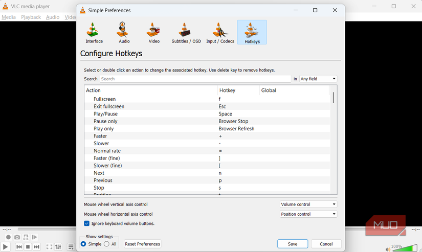 لیست کلیدهای هاتک در VLC