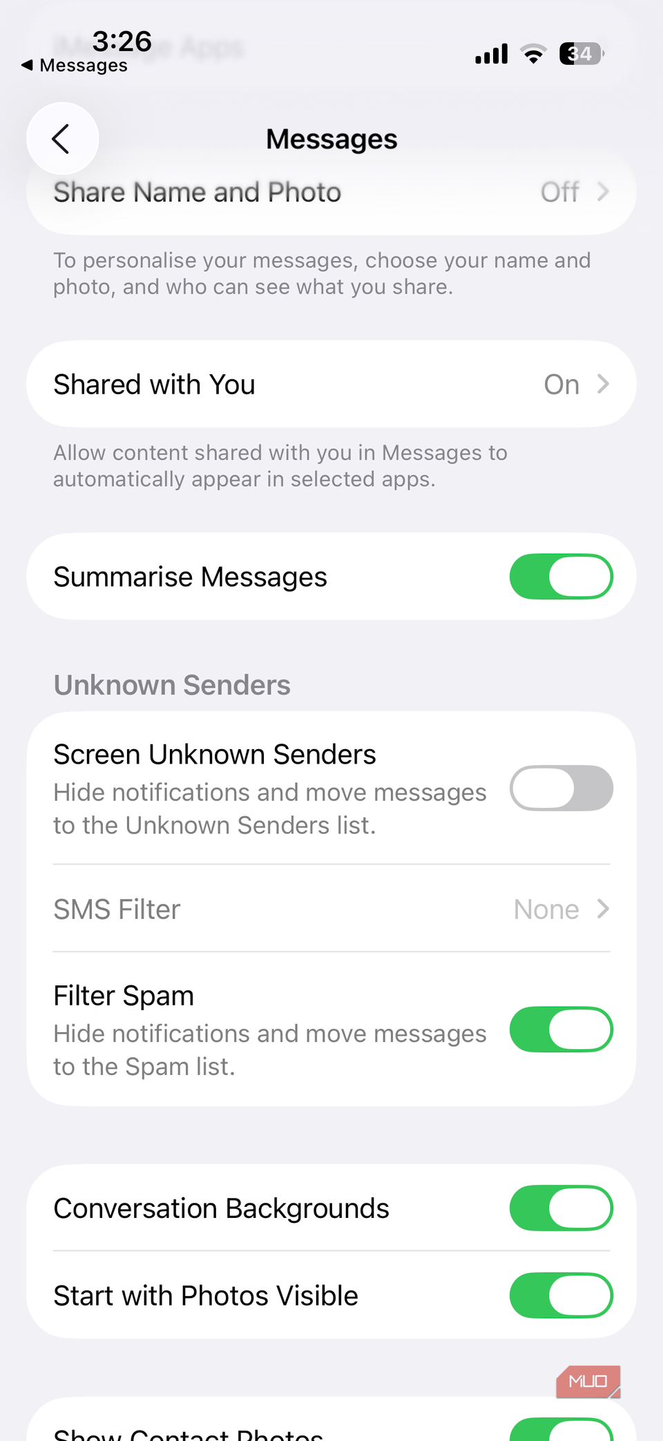 گزینه فیلتر پیام در iOS 26