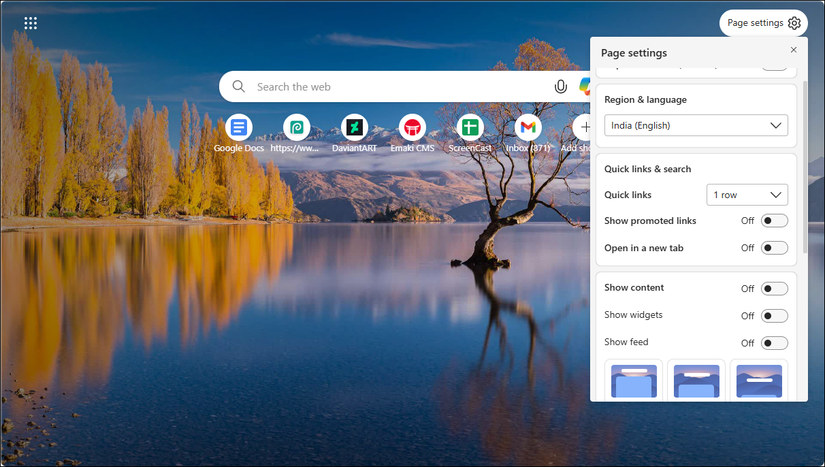 تنظیمات صفحه مایکروسافت Edge