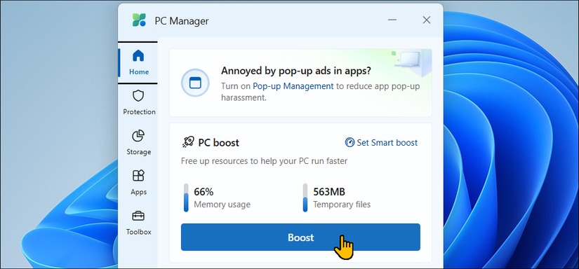 صفحه اصلی Microsoft PC Manager در ویندوز 11