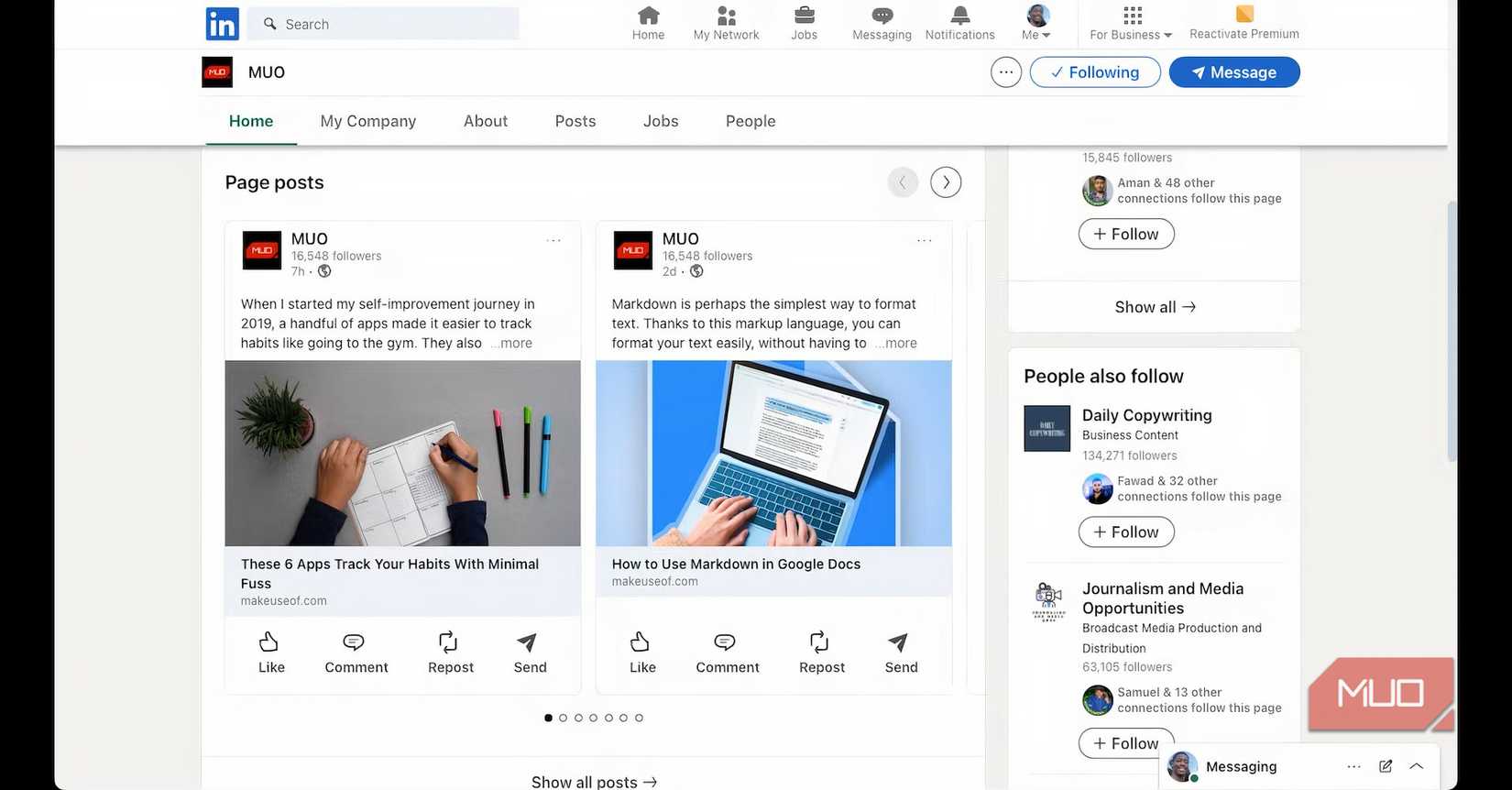صفحه MUO LinkedIn نمایش برخی از پست های اخیر.