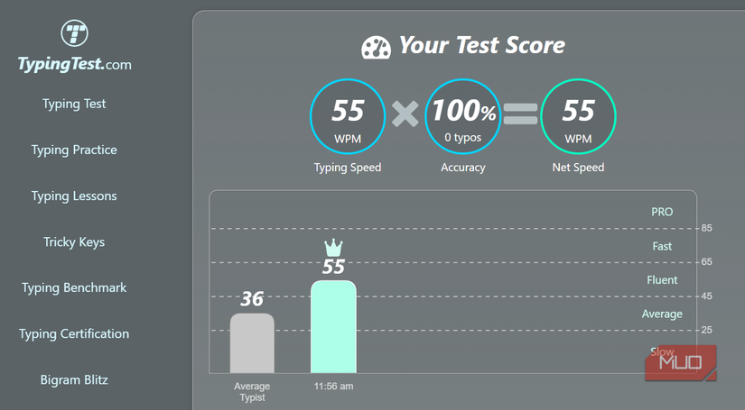 کلمات من در هر دقیقه نمره آزمون 55wpm از typingtest.com.