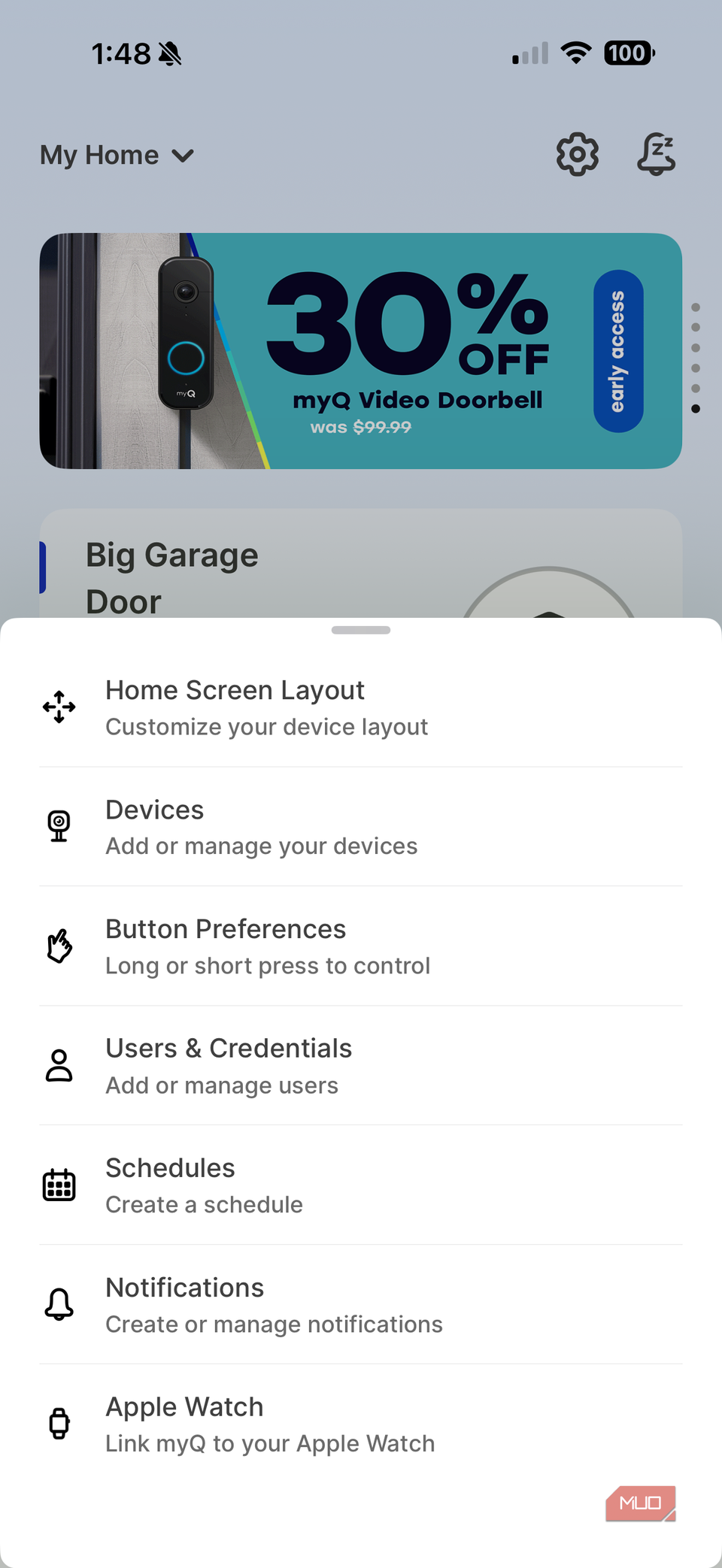منوی تنظیمات برنامه MYQ