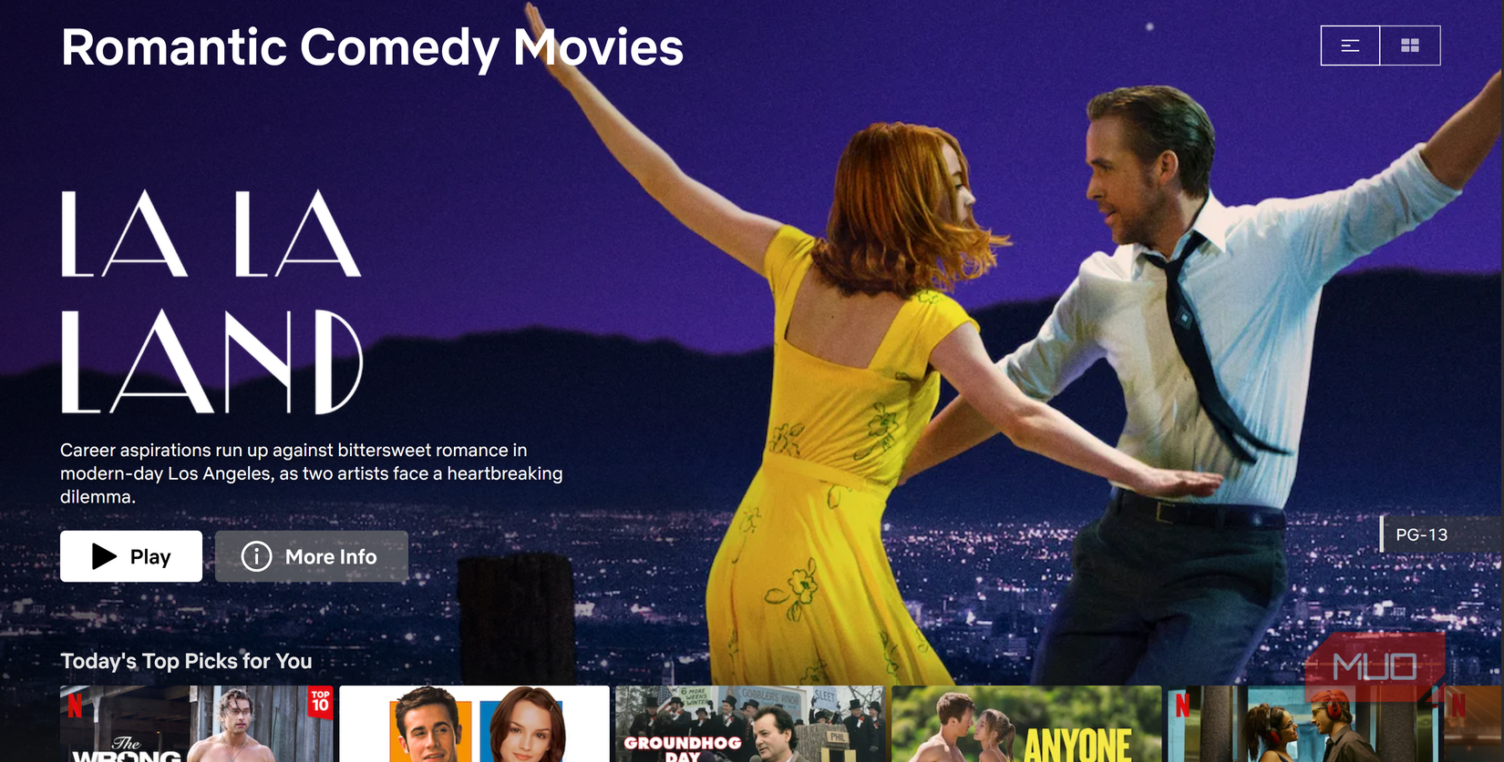 صفحه اصلی بخش کمدی رمانتیک Netflix.