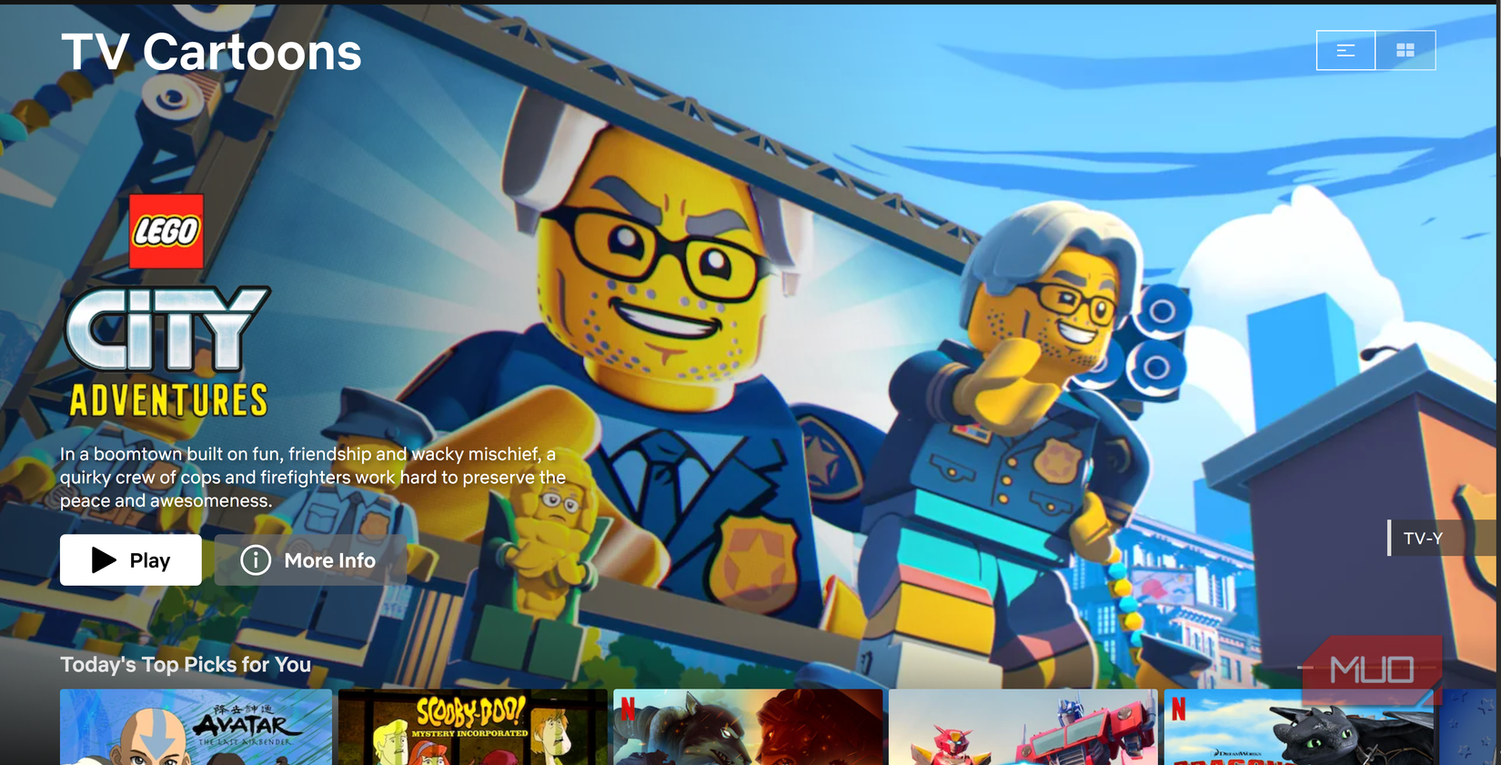 صفحه اصلی کارتون های تلویزیون Netflix.