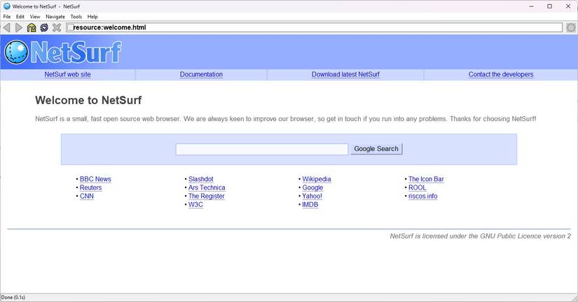 مرورگر Netsurf با ظاهر یکپارچهسازی با سیستمعامل خود.