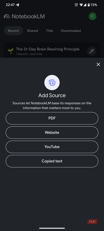 منوی انتخاب منبع در Notebooklm.